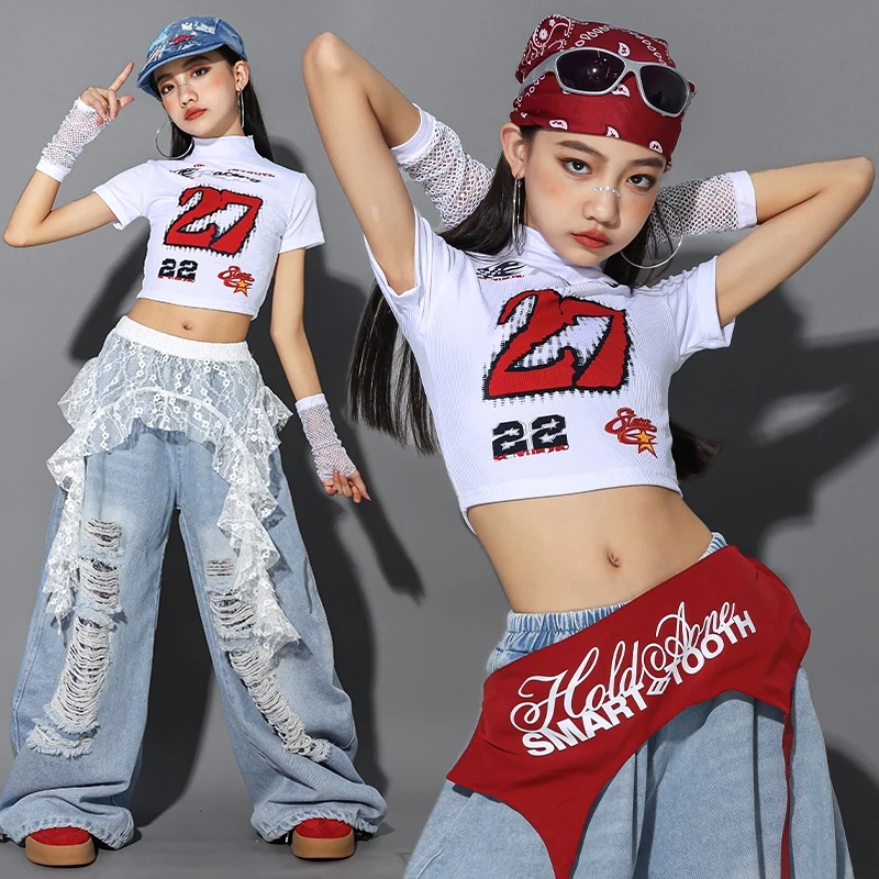 Kinder Jazz Dance Kleidung Mädchen Kpop Outfit Weiß Crop Top Denim Baggy Hosen Mode Hip Hop Kostüm Street Dance Tragen 2485