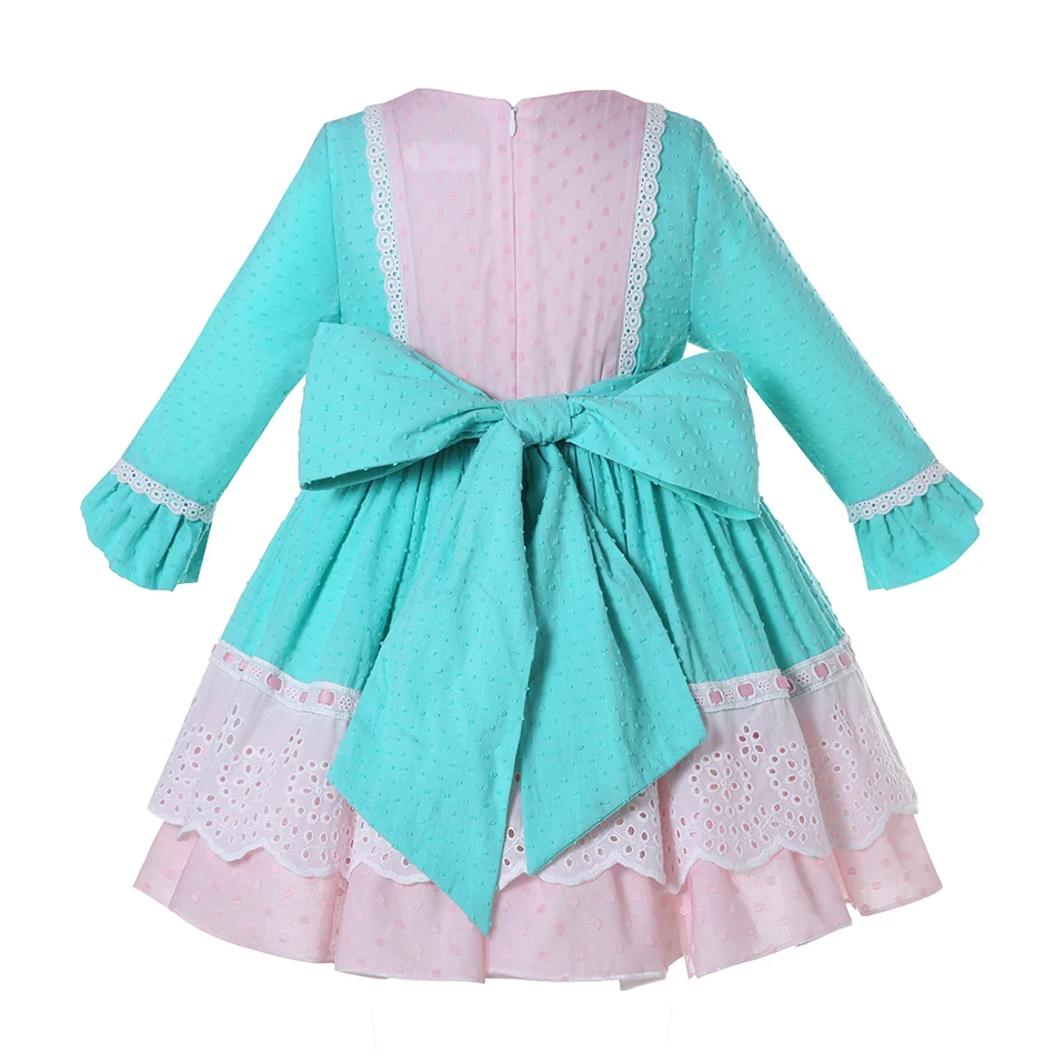 Pettigirl Girls Autumn Fancy Eyelet Lace Trim Cute Blue and Pink Dresses kids Designer Clothes 2 3 4 5 6 8 10 12Y