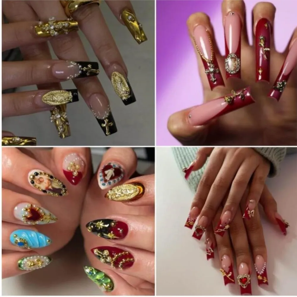 12 Sztuk Ozdób do Paznokci z Krzyżem Matki Boskiej, Stopu, Złote, Różowe Kwiaty, Motyle, Serca, Cyrkonie do Manicure Akrylowego