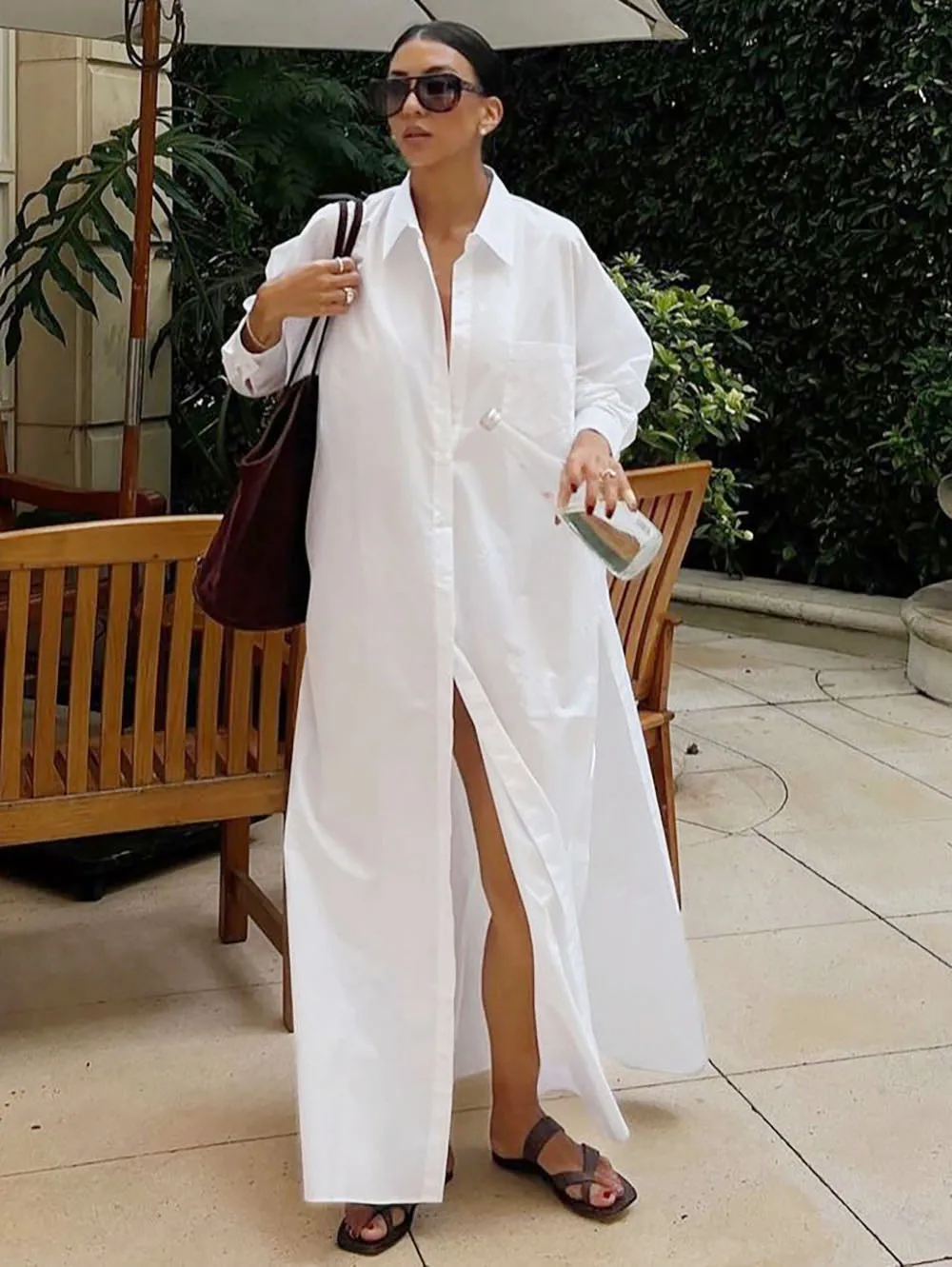 

Cotton Poplin Maxi Shirt Dress Casual Long Sleeve Oversized Summer Women V-Neck Streetwear