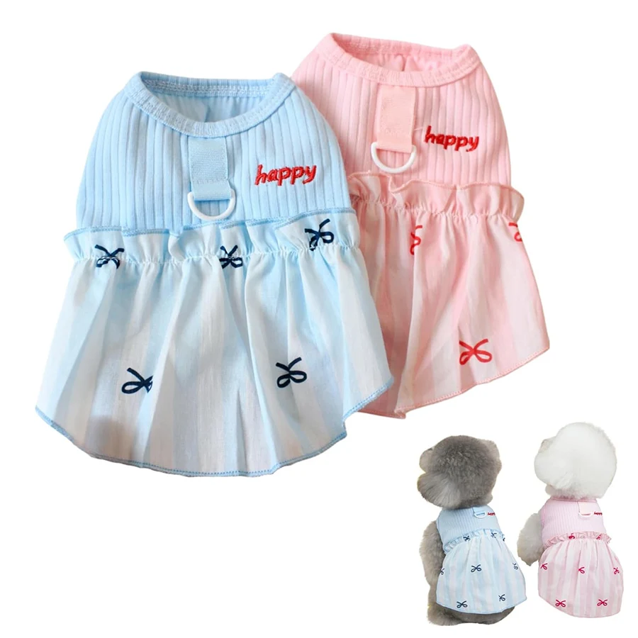 

Cute Puppy Summer Dress,Pink Blue Striped Skirt with Bow Printed, Breathable Girl Dog Outfit with D-Buckle for Outdoor Walks