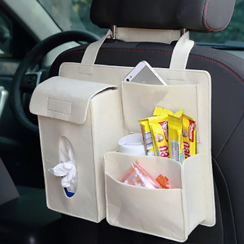 Bolsa de almacenamiento para asiento trasero de coche, organizador colgante, caja de papel, toalla, teléfono, fieltro, cubo de basura, accesorios