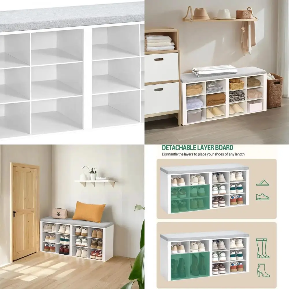 

Мягкая скамейка для обуви в прихожей с 12-мя ящиками для хранения вещей, регулируемая стойка для гостиных белого цвета