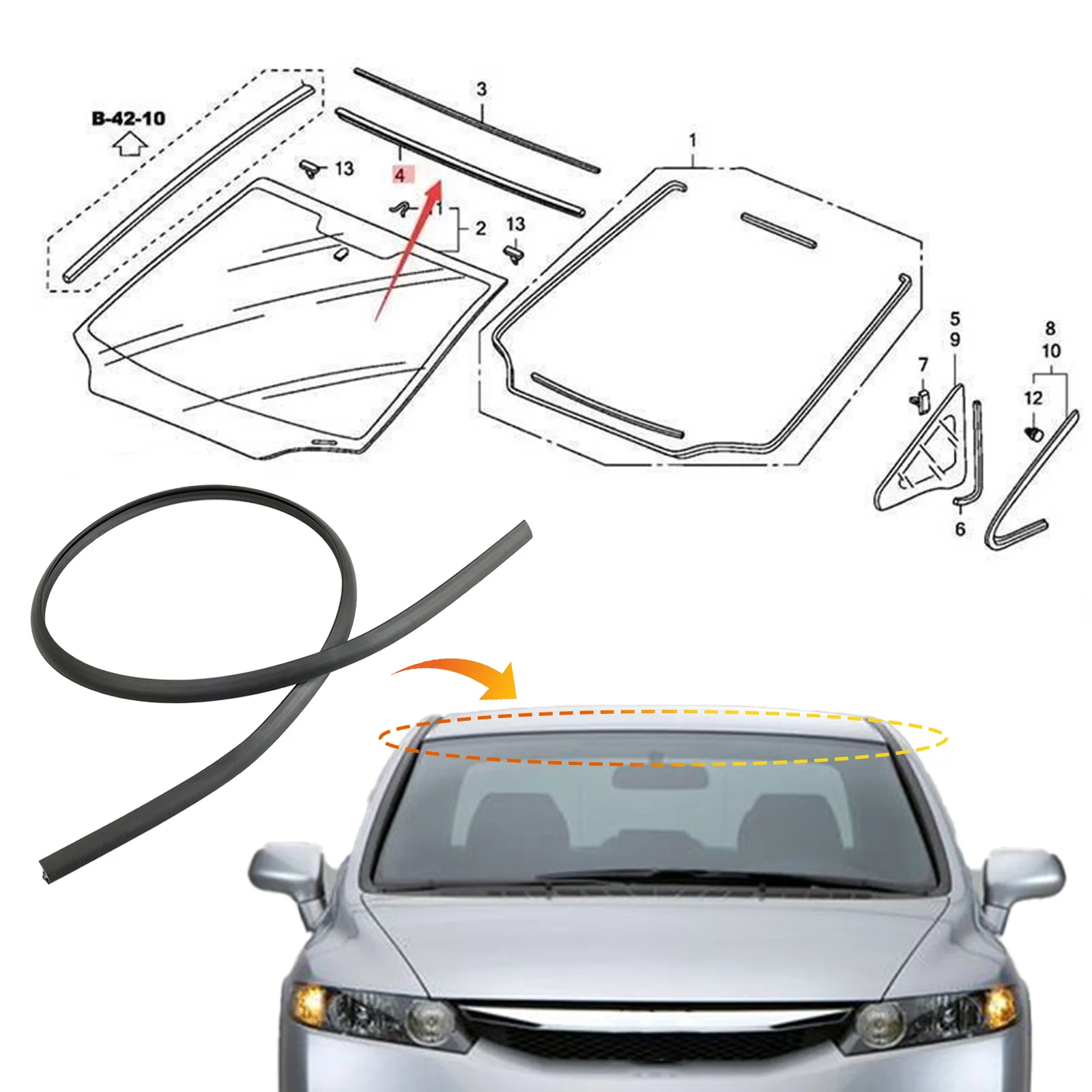 Front Windshield Reveal Surround Rubber Seal Molding Trim Wind Rain Strip Protection For Honda Civic 2006 - 2011 73150-SNA-003