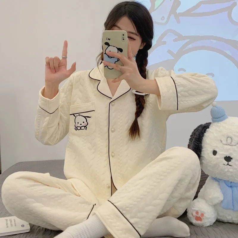 2024 New Air Cotton Pajamas for Women Autumn Winter Sleepwear Pure Cotton Thickened Sandwich Long Sleeved Lounge Set Homewear