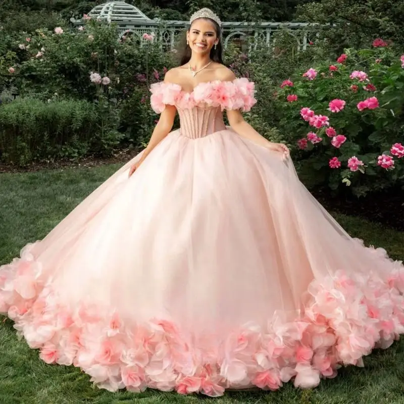 

Customized Fairytale Quinceanera Dresses for Girls Flower Appliques Off the Shoulder Lace up Ball Gowns 15 Anos Vestido