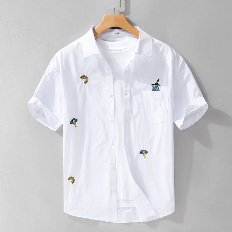 

Boys Pure Cotton ort Sve irt Embroidered Thin Comfortable Breathable Sli White Anti-aging Button-up Casual irt