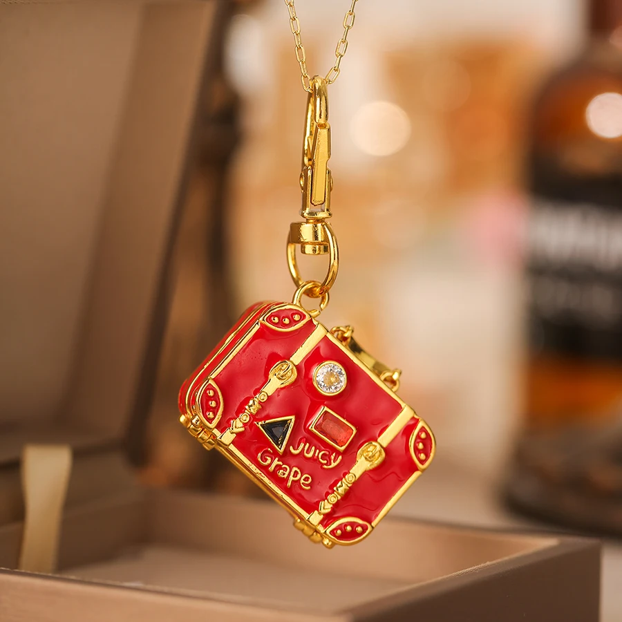 

1Pc Fashion Cute Zircon Red Openable Enamel Luggage Pendant Necklace for Women Niche Funny Party Jewelry Valentine's Day Gift