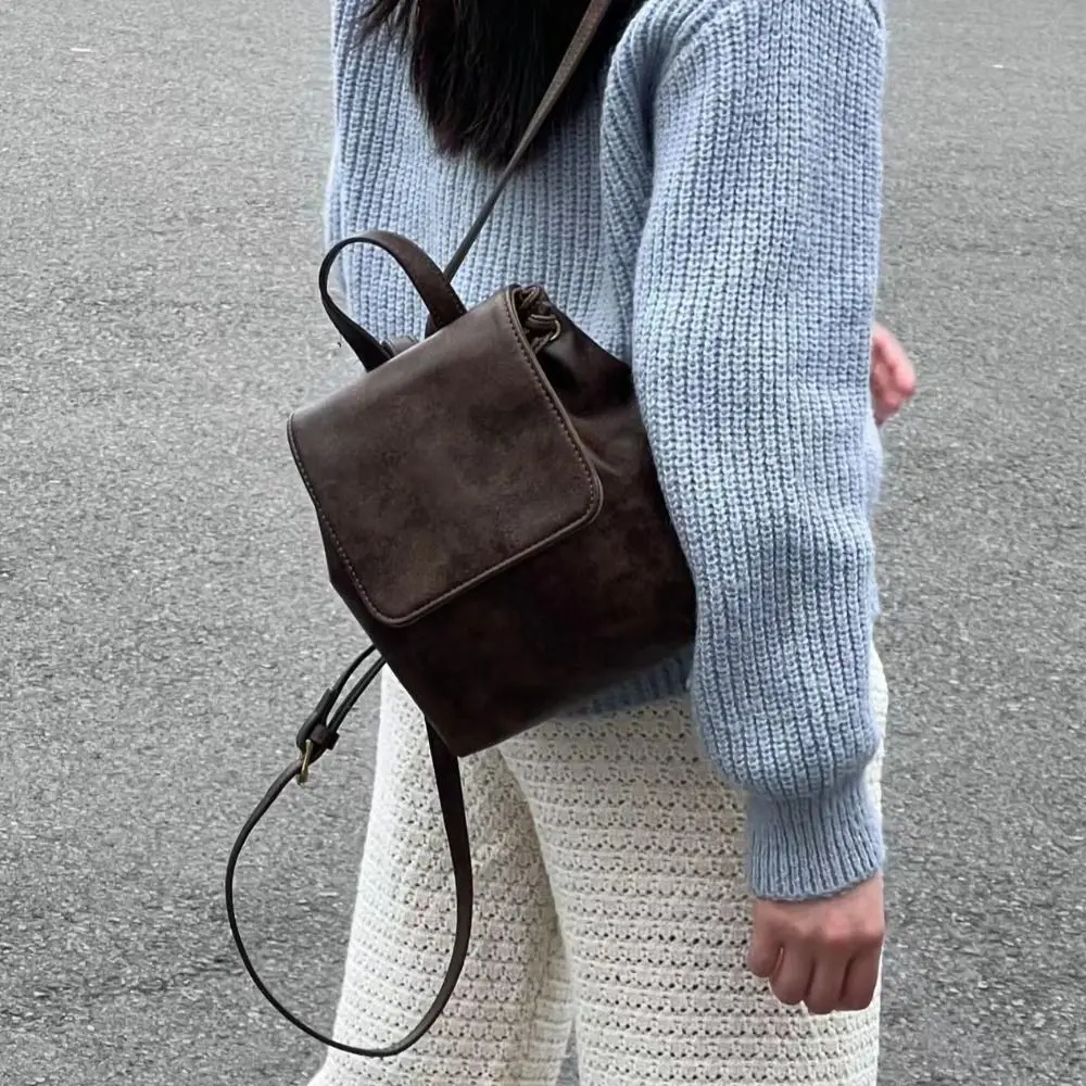 

PU Leather Drawstring Flap Backpack Solid Color Korean Style School Book Back Retro Large Capacity Women Shoulder Bag