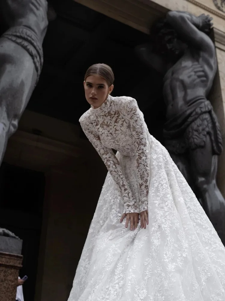 FW Angepasst Anmutige A-Line Brautkleider Spitze Stickerei Vintage Robe De Mariee2024 Langarm High Neck Vestido De Novia