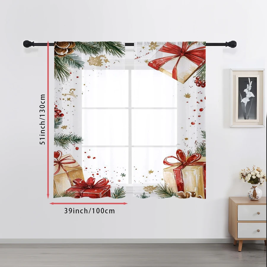 2PCS Christmas Gift Box Sheer Curtains
