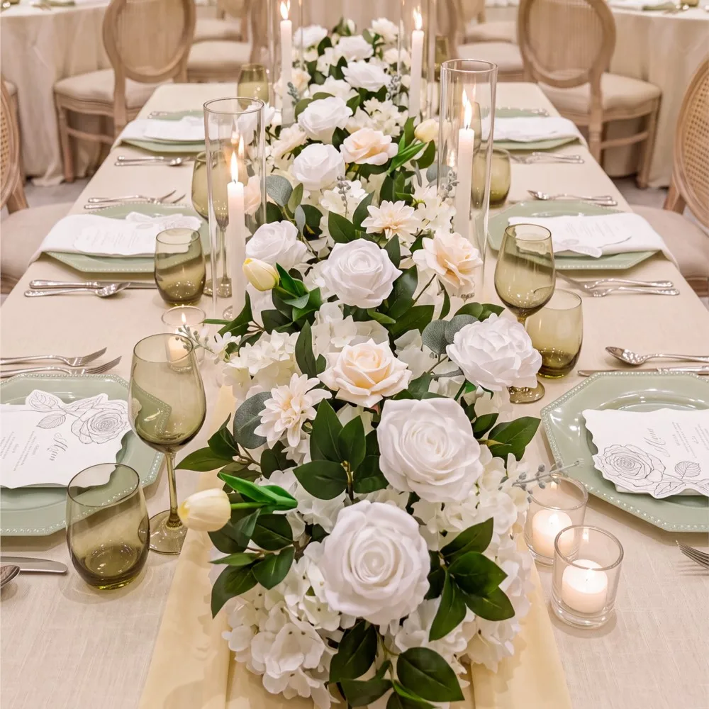 Uflower Rose Greenery Flower Row Long Runner Flower Backdrop Artificial Flower Wedding Decor Table Centerpiece Event Party Decor