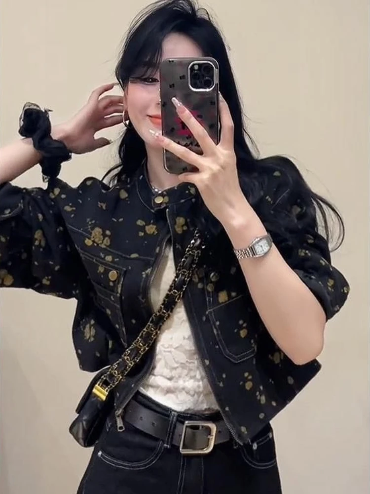 2026 Autumn Vintage Floral Print Denim Jacket Women Short Casual Chic Cropped Coat Trendy Streetwear Tops