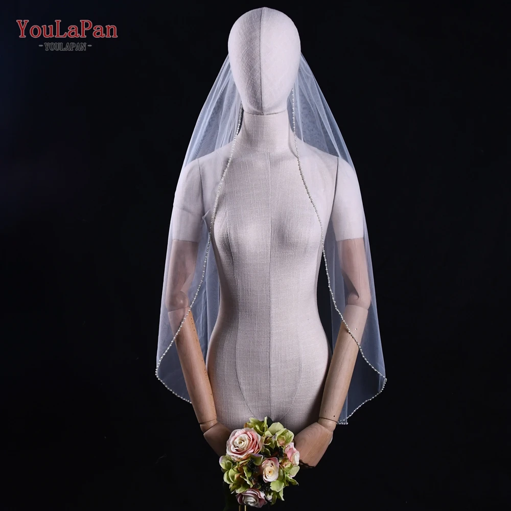 YouLaPan Wedding Veil with Crystal Edge Elbow Length Bridal Veil Pearl Beaded Eleglant 1 Tier Veils for Christian Church V197