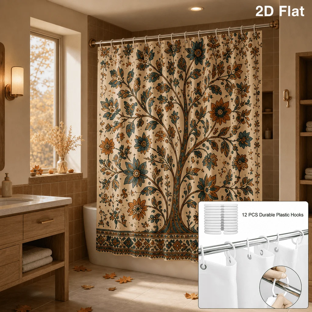 Boho Floral Tree of Life Shower Curtain 180.34X180.34 cm Polyester Fabric Shower Curtain with 12 Hooks Vintage Botanical Rustic