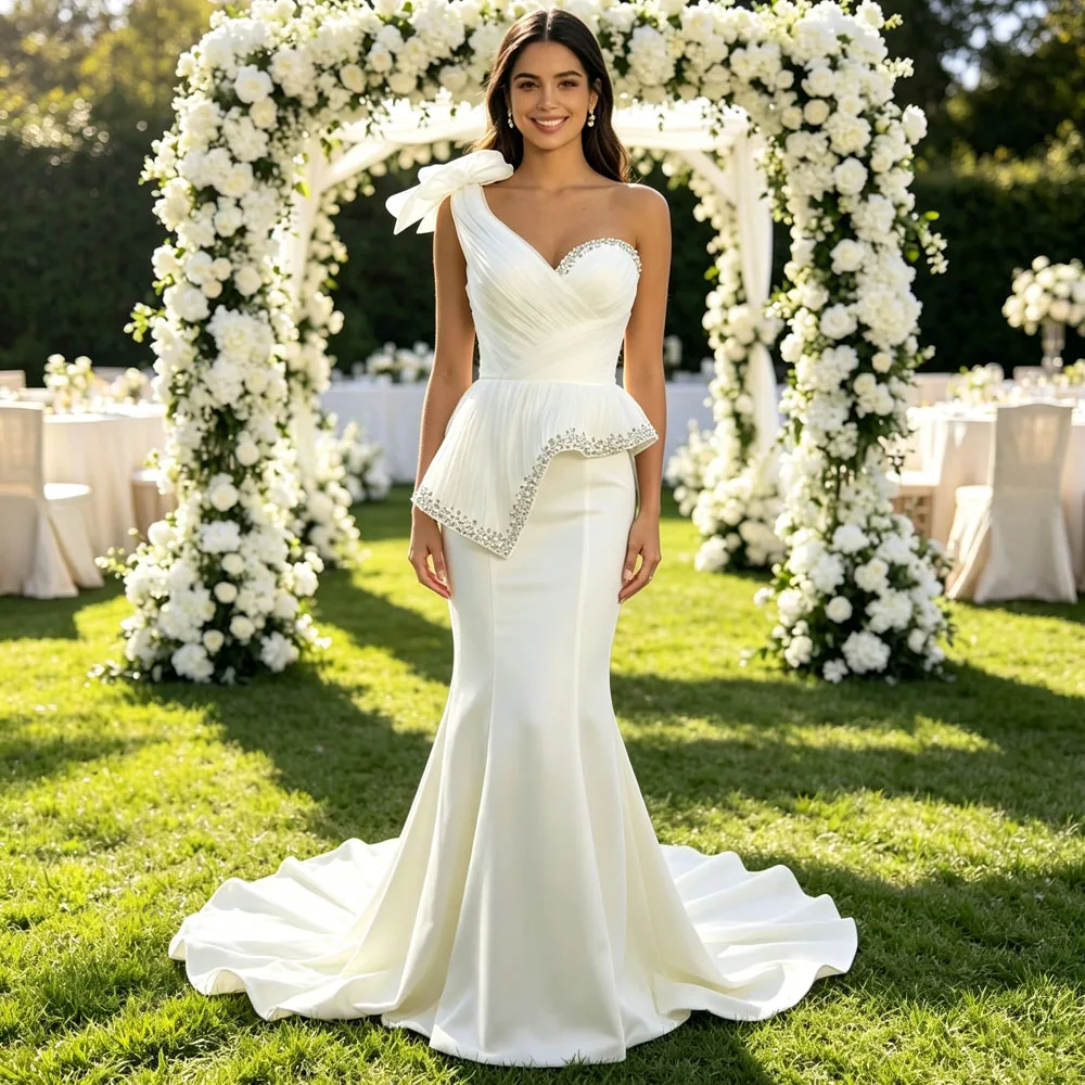 Charming One Shoulder Wedding Dress Lace Up Back Crystal 3D Flower Robe De Mariée Customized