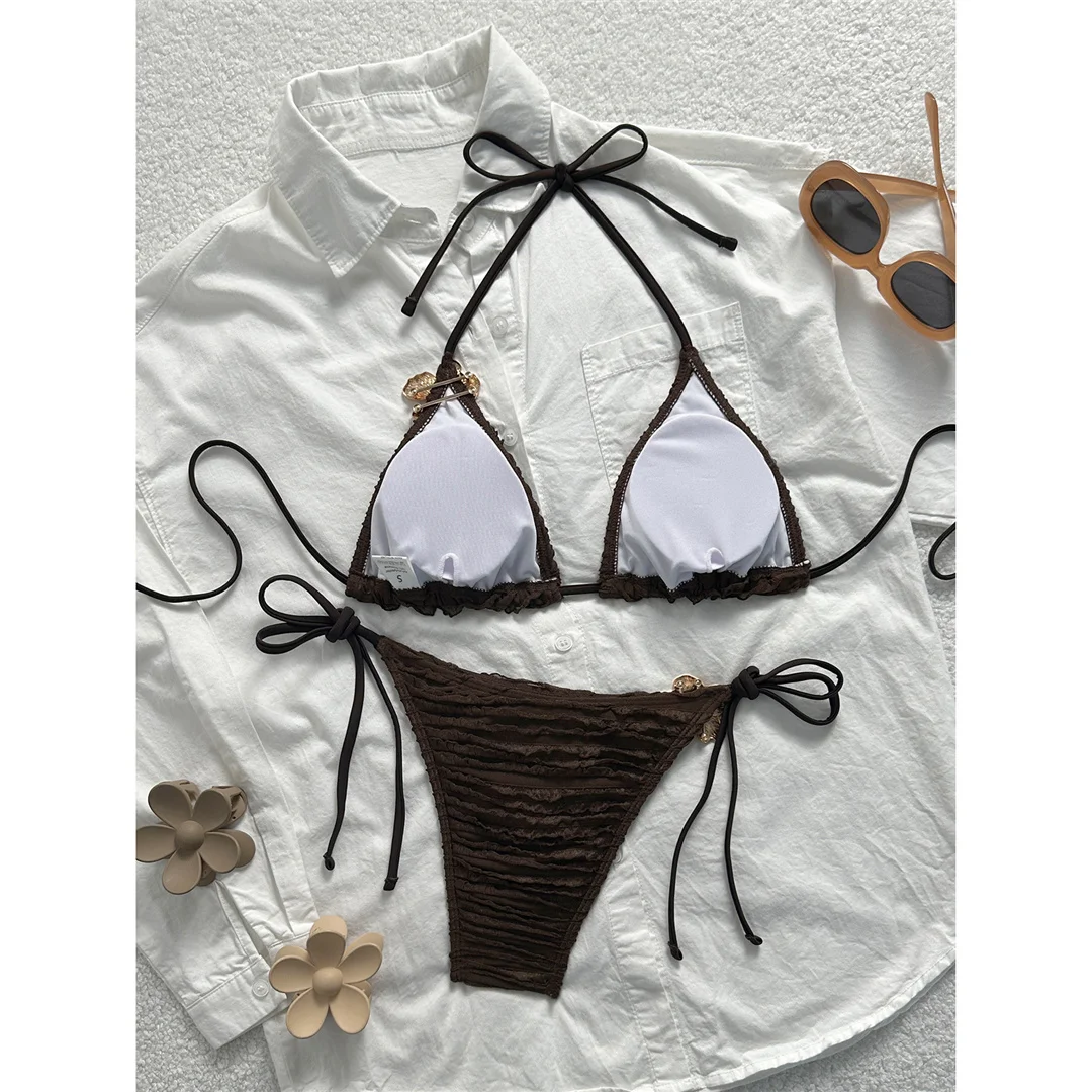 Zweiteiliges Bikini-Set mit Metallblumen-Design, Neckholder-Bikini, Damen-Badeanzug, Damen-Bademode, geraffter, gepolsterter Badeanzug, Badebekleidung, Modell V7478. – Detail 32