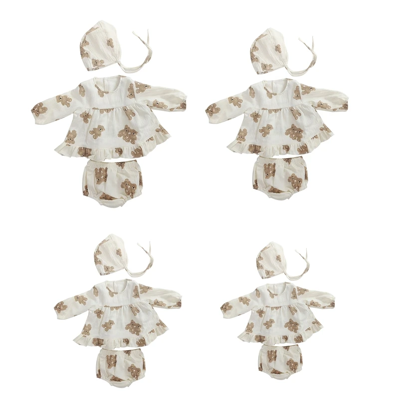 

Baby Girls 3 Pieces Suit Puff Sleeve Romper Hat Bloomer Shorts Cartoon Bear Print Toddler Muslin Dress Jumpsuits Clothes BX0D