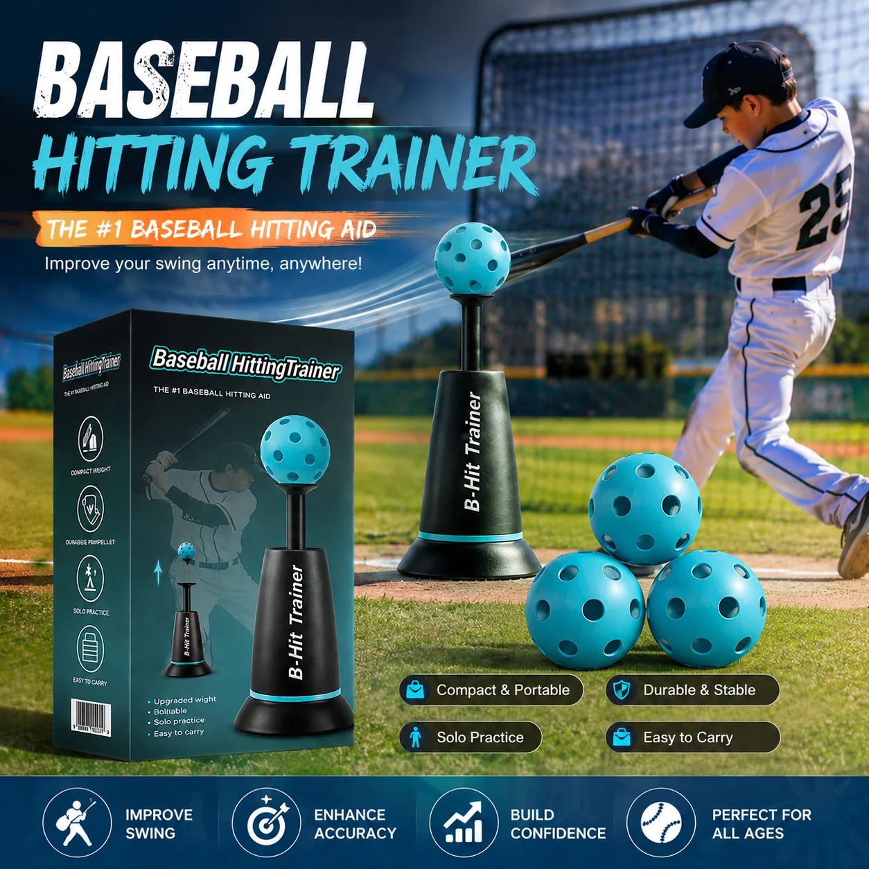 Baseball Tee Trainer Popper- Baseball Swing Trainer with 3 Practice Balls - Baseball Hitting Trainer for Training - Pop Up