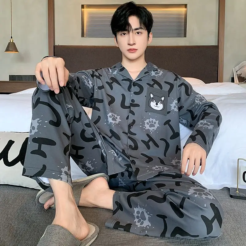 Pajamas Set of Men  Nightgowns  Long-Sleeved Cardigan Cartoon Dog Sleepwear Homewear Students Two-Piece Nightwear Loungewear