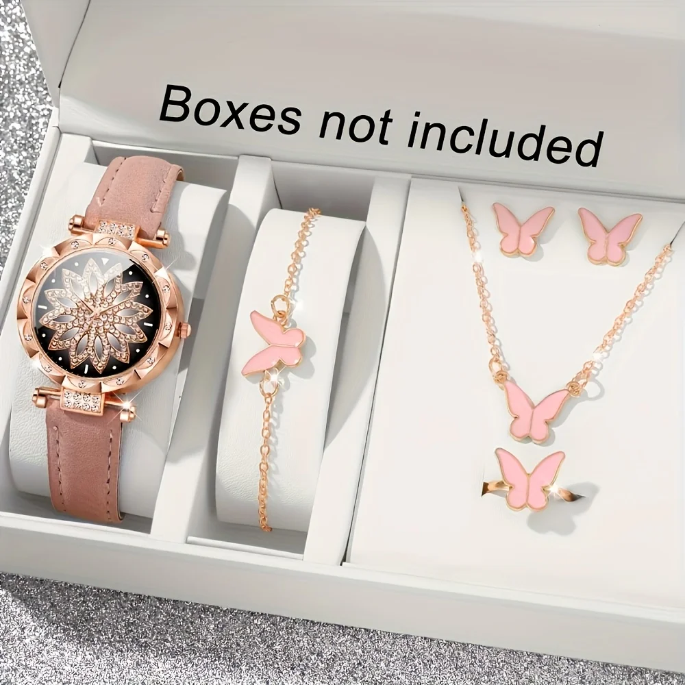 6PCS Fashionable Casual Flower Dial Watch+butterfly Jewelry Set, Suitable for Women's Watches Worn in Various Occasions (No Box)