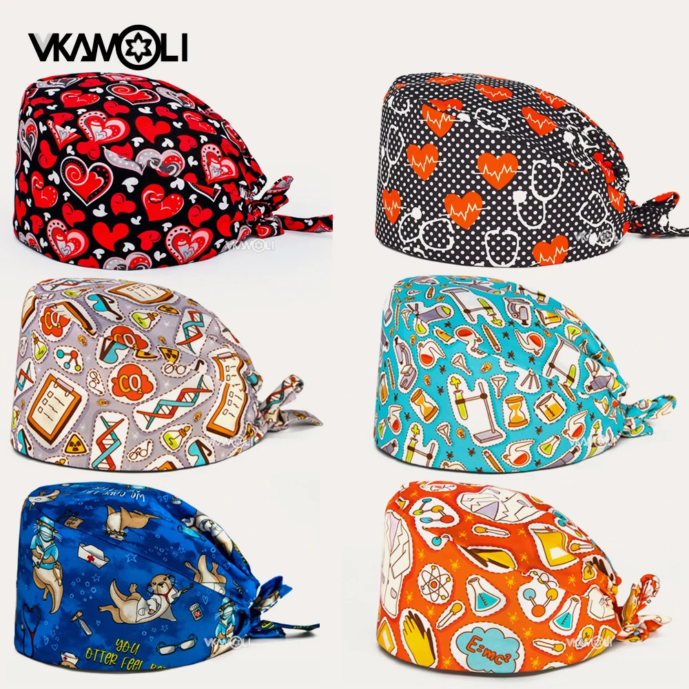 Scrub Caps with Heart Pattern Series Printed on Them for Medical Staff's Surgical Use in Medical Laboratories.