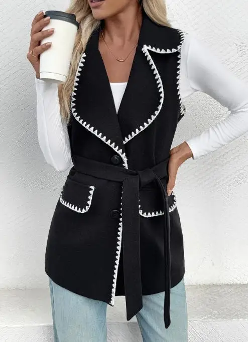 

Autumn Fashion Knitted Vest Jacket 2025 New Casual Simple Lace Up Cardigan with Contrasting Color Trimmed Vest Jacket for Women