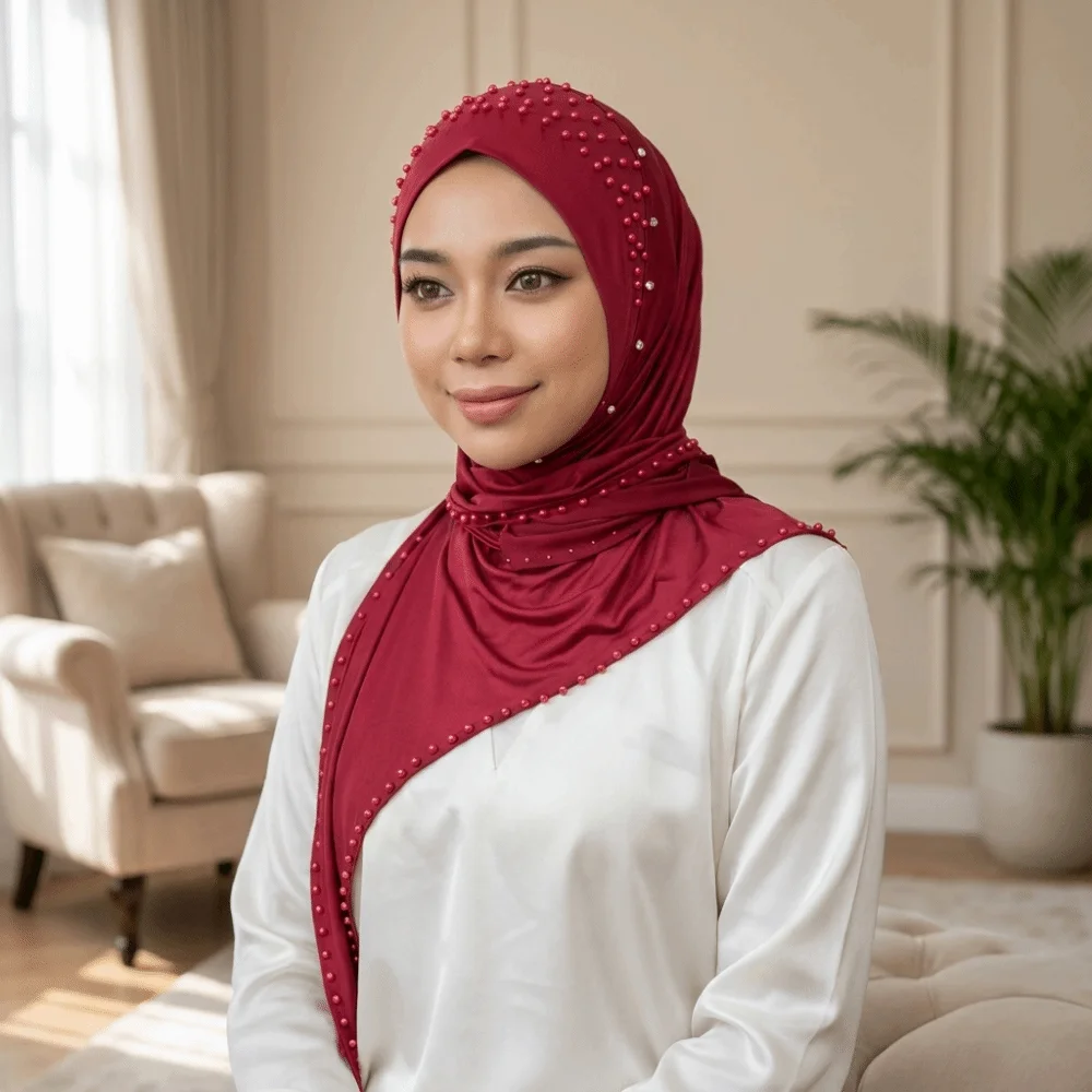 Convenient Soft Beaded Instant Hijab Breathable Stretch Pull-On Turban Easy Wrap Solid Color Pullover Scarf Formal
