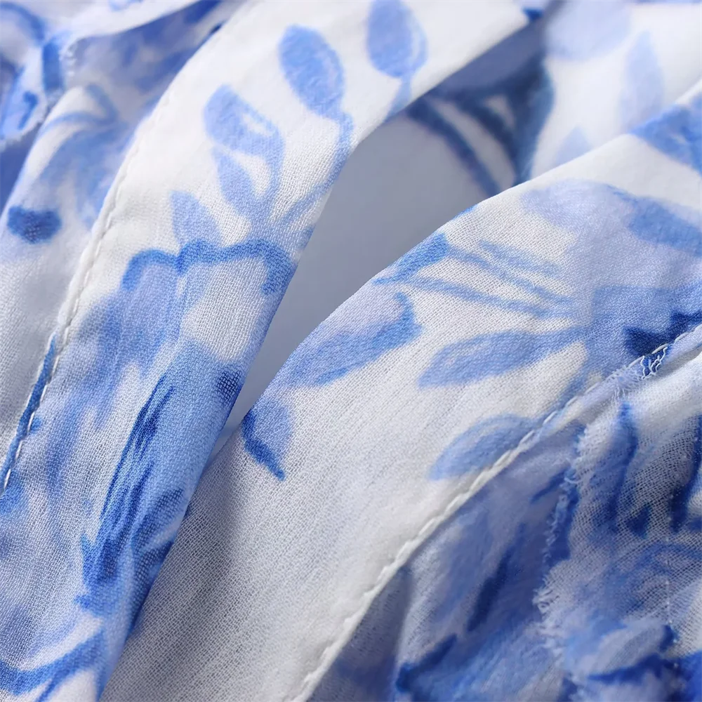 BM&MD&ZA2025summer novo vestido feminino com cinto em camadas estampa decorativa manga longa solto temperamento vestido saia longa