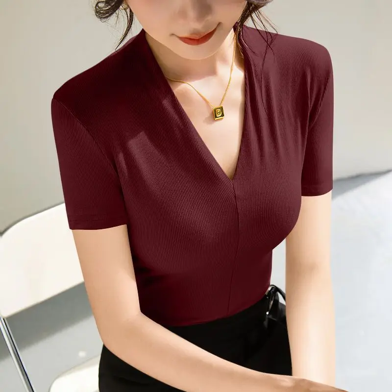 Summer New Sexy Short Sleeved T-shirt Basic V-Neck Solid Color Base Shirt Breathable Leisure Outdoor Lightweight Threaded Top