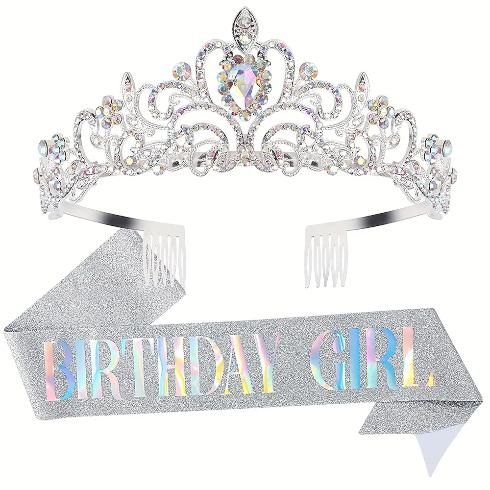 Bling Strass Kristall Krone Tiara Geburtstags kind Königin Schärpe und Krone für Frauen Geburtstags feier Dekoration Kit – Detail 1