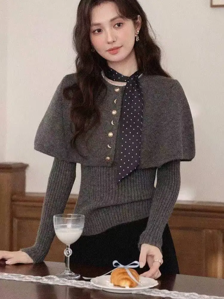 Harajuku Elegant 2 Piece Set Design Short Cloak Long Sleeve Knitted Sweater Slim Fit Korean Fashion Tops Soid Casual Suit