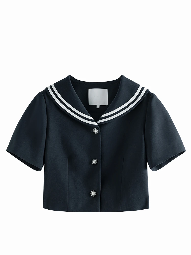 ZIQIAO Retro Navy Style Suit for Women Summer Niche High Waist A-line Skirt Slim Sailor Collar Short Top Two piece Set Female