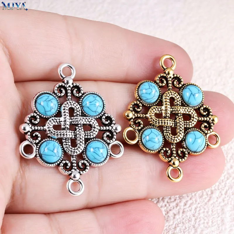 MJYA 5pcs Retro Turquoise Pendant Connector Bohemia Filigree Charms For DIY Necklace Bracelet Jewelry Crafts Supplies Accessory