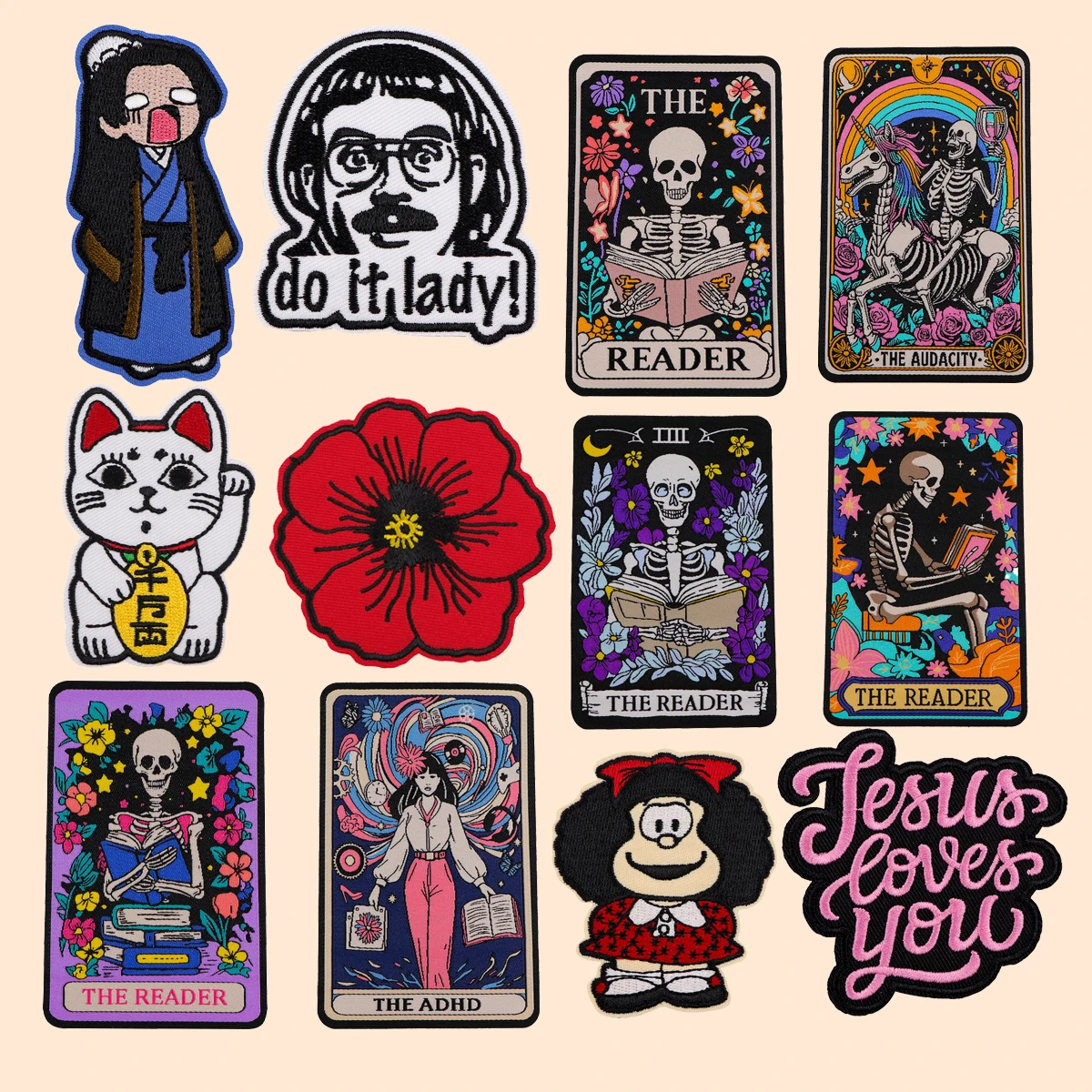 

Read Tarot Cards Patches On Clothes Cartoon Embroidered Patches Sew Badges Red Flower Iron On Patch DIY Clothing Accessories