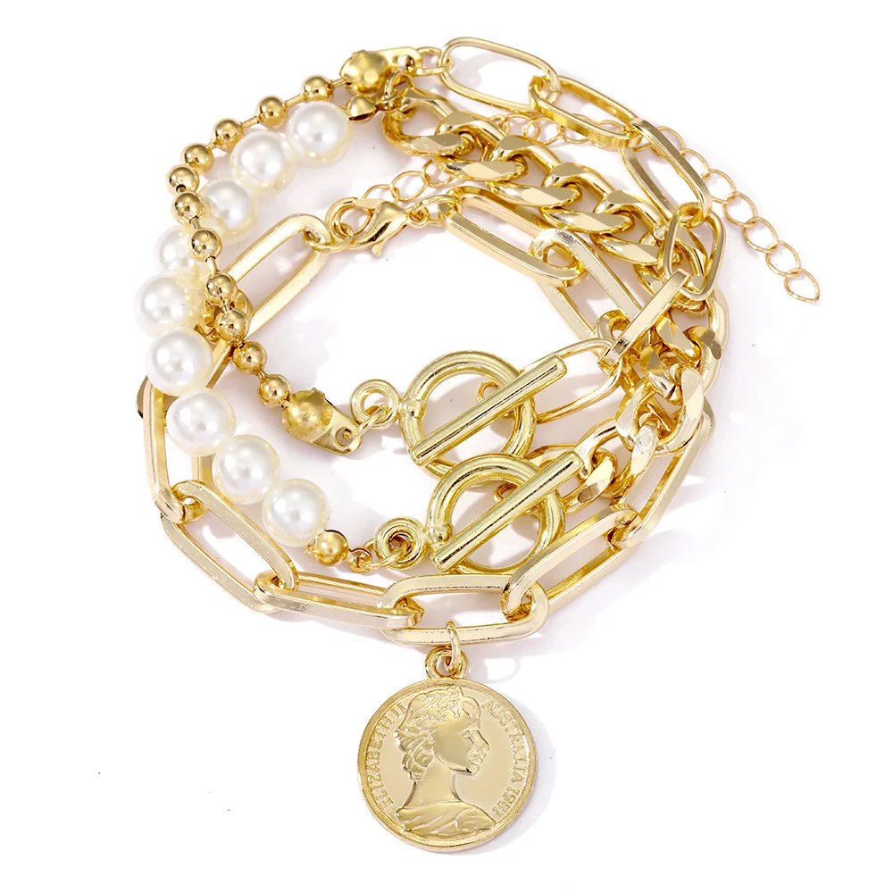 Boho Fashion Bracelets For Women New Vintage Geometric Pearl  Human Head Coin Pendant Gold Color Jewelry Gift For Female B029