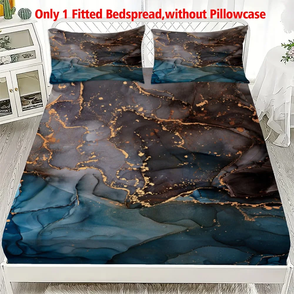 1pc Deep Teal & Charcoal Ink Marble Print Fitted Sheet Deep Pocket Elastic Mattress Cover Single Double Queen King Bedroom Decor
