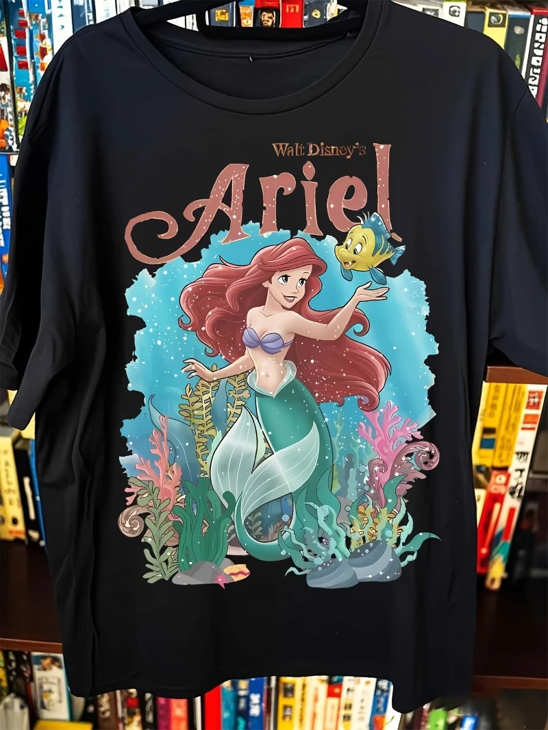 Camiseta con estampado de la Sirenita y Flounder de Disney para hombre y mujer, camiseta informal de moda de verano con cuello redondo, camiseta deportiva holgada de manga corta