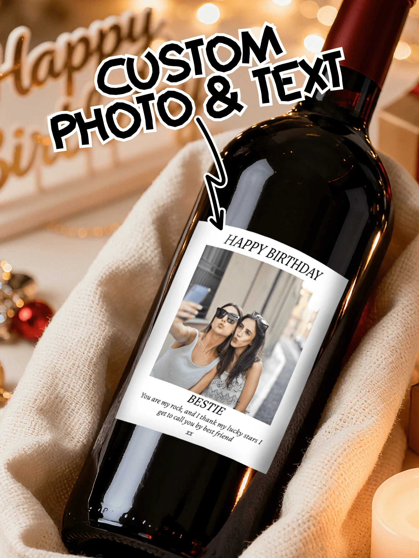Custom Personalized Wine Label Photo Text Birthday Best Friend Holiday Parties Champagne Whiskey Tequila