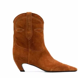 Stivaletti neri con tacco basso e punta quadrata autunno inverno Donna Stivaletti corti in pelle scamosciata marrone ricamati alla moda taglia 34-43 scarpe da donna