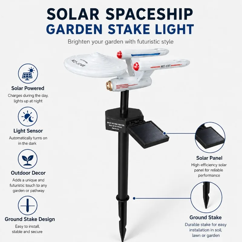 Star Trek USS Enterprise Solar Garden Stake Light Auto On Off Red LED Spaceship Yard Lamp Waterproof Outdoor Lawn Landscape