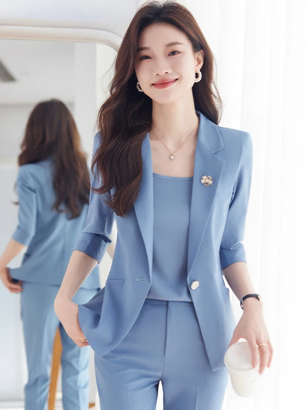 

Женский летний деловой костюм Slim Fit: тонкий пиджак для руководителя, офисный стиль, с пуговицами, из смесового полиэстера