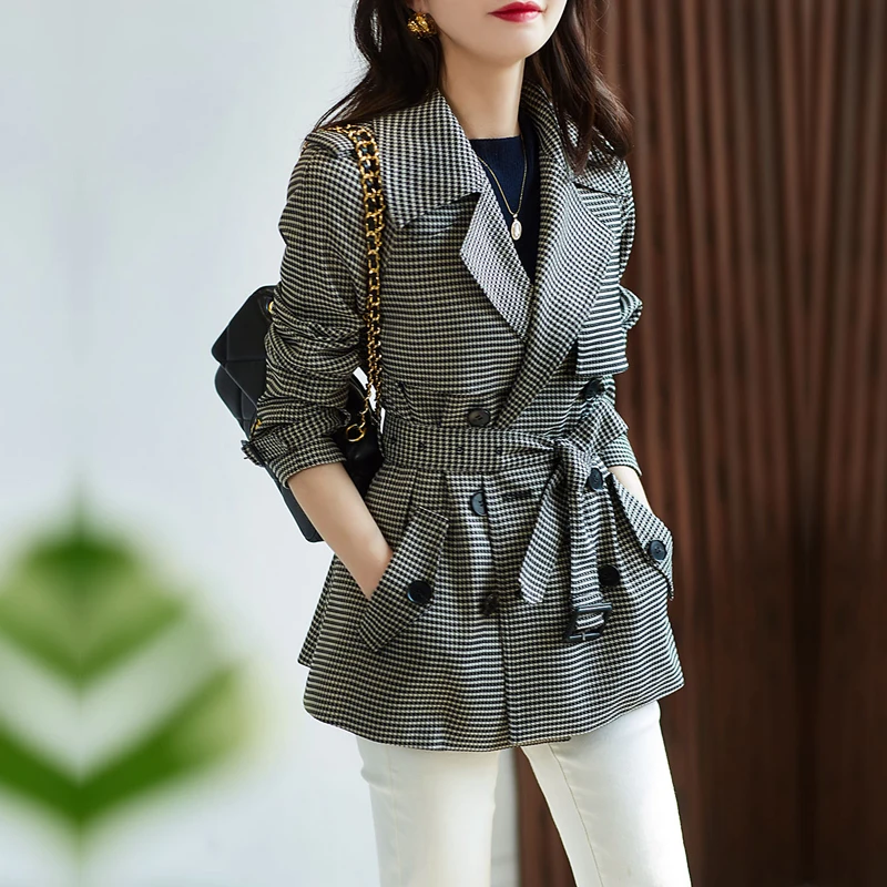 

Windowpane Plaid Short Coat Jacket Women's Spring Autumn Winter Waist Cinched Plaid Suit Coat Long Sleeve OL Style Double Bre...