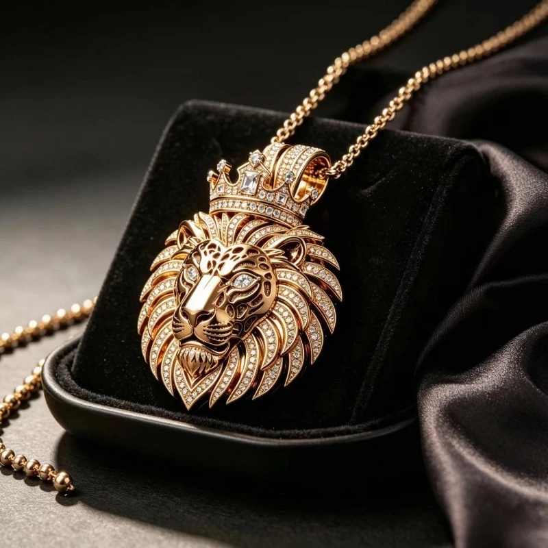 Mens S925 Sterling Silver Crowned Lion Pendant Necklace with Moissanite Punk Animal Style Jewelry Hip Hop Party Gift