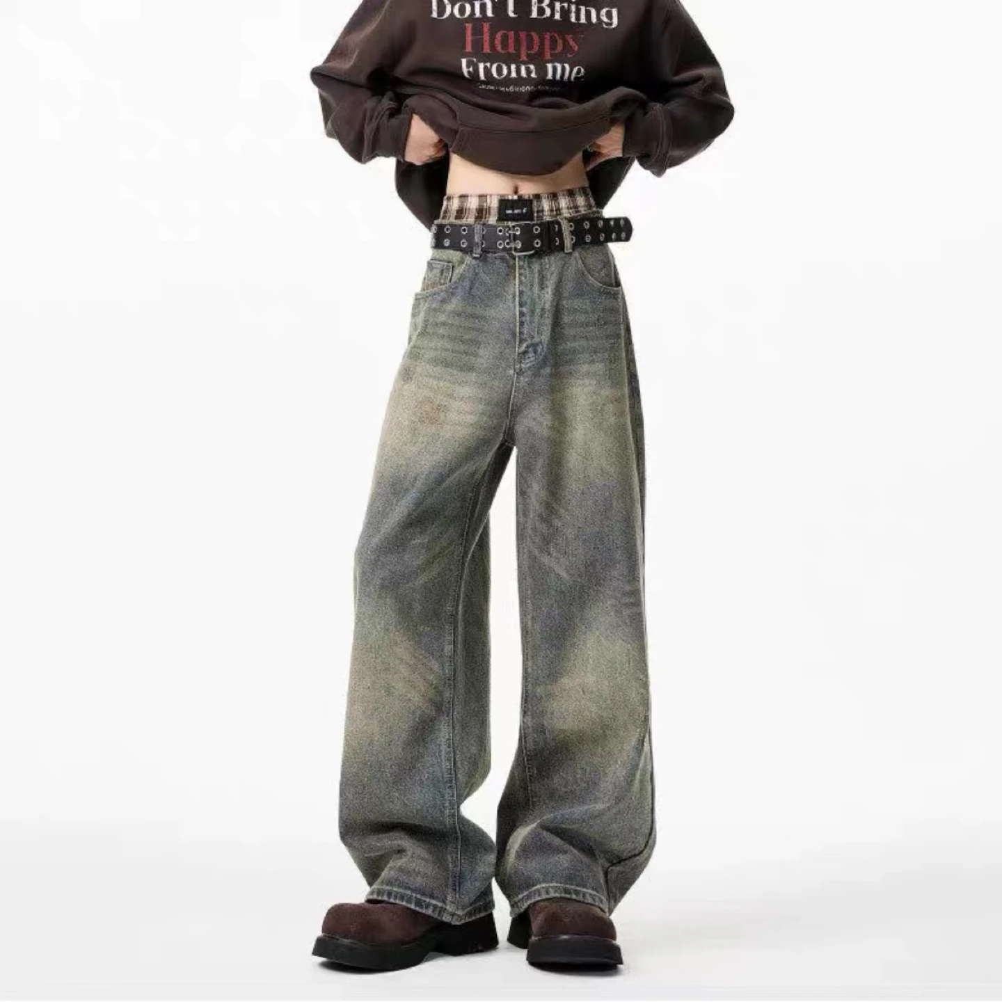 

American Style Retro Washed Jeans Men's Spring Autumn Trendy Cleanfit Flared Loose Match All Wide Leg Long Pants