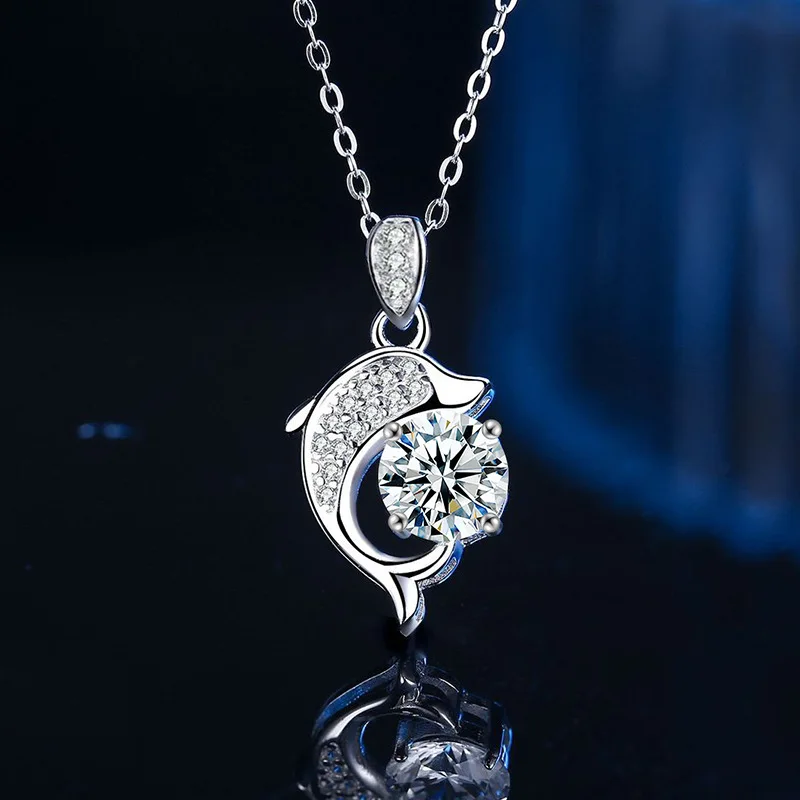 

Cute and fashionable S925 sterling silver dolphin necklace, fashionable moissanite pendant, collarbone chain jewelry wholesale