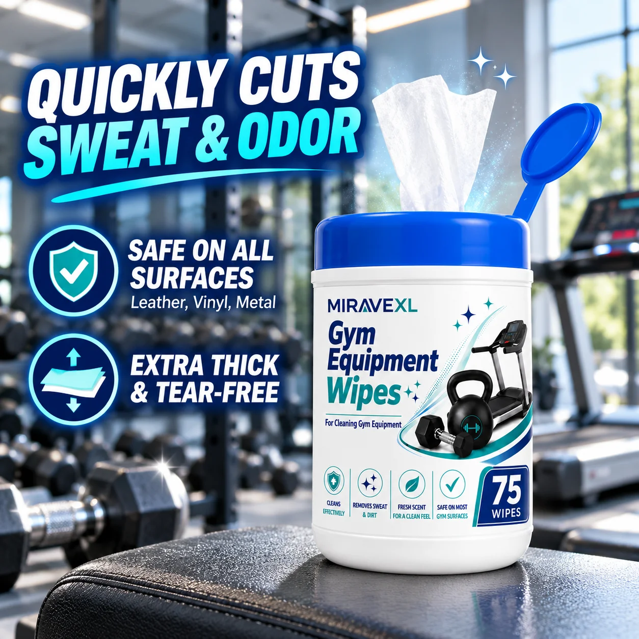 MIRAVEXL 75PCS Gym Equipment Cleaning Wipes, Fitness Wet Wipes for Treadmills, Dumbbells, Exercise Bikes, Sweat and Dirt Removal