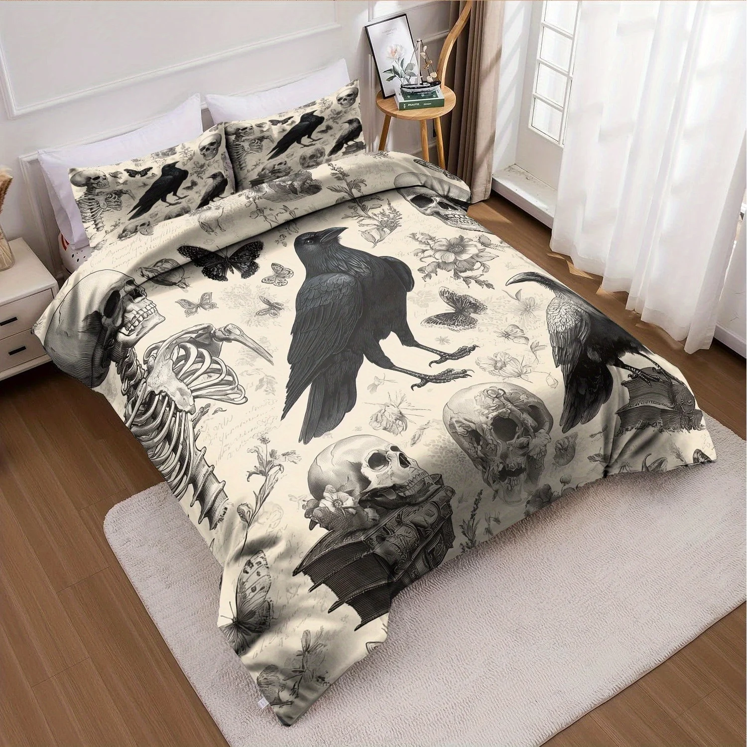Halloween Duvet Cover Set Without Core, Quilt Cover With 2 PillowcasesSoft And Machine Washable Gothic Skulls Crows Bedding
