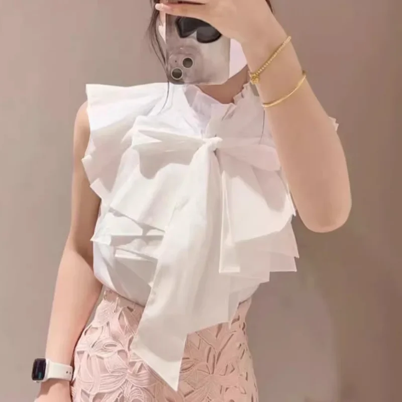 Cascading Ruffle Bandage Bow Blusas Mujer Japanese Stand Collar Pleated Shirts Blouses Sleeveless Camisas Summer Shirt Tops