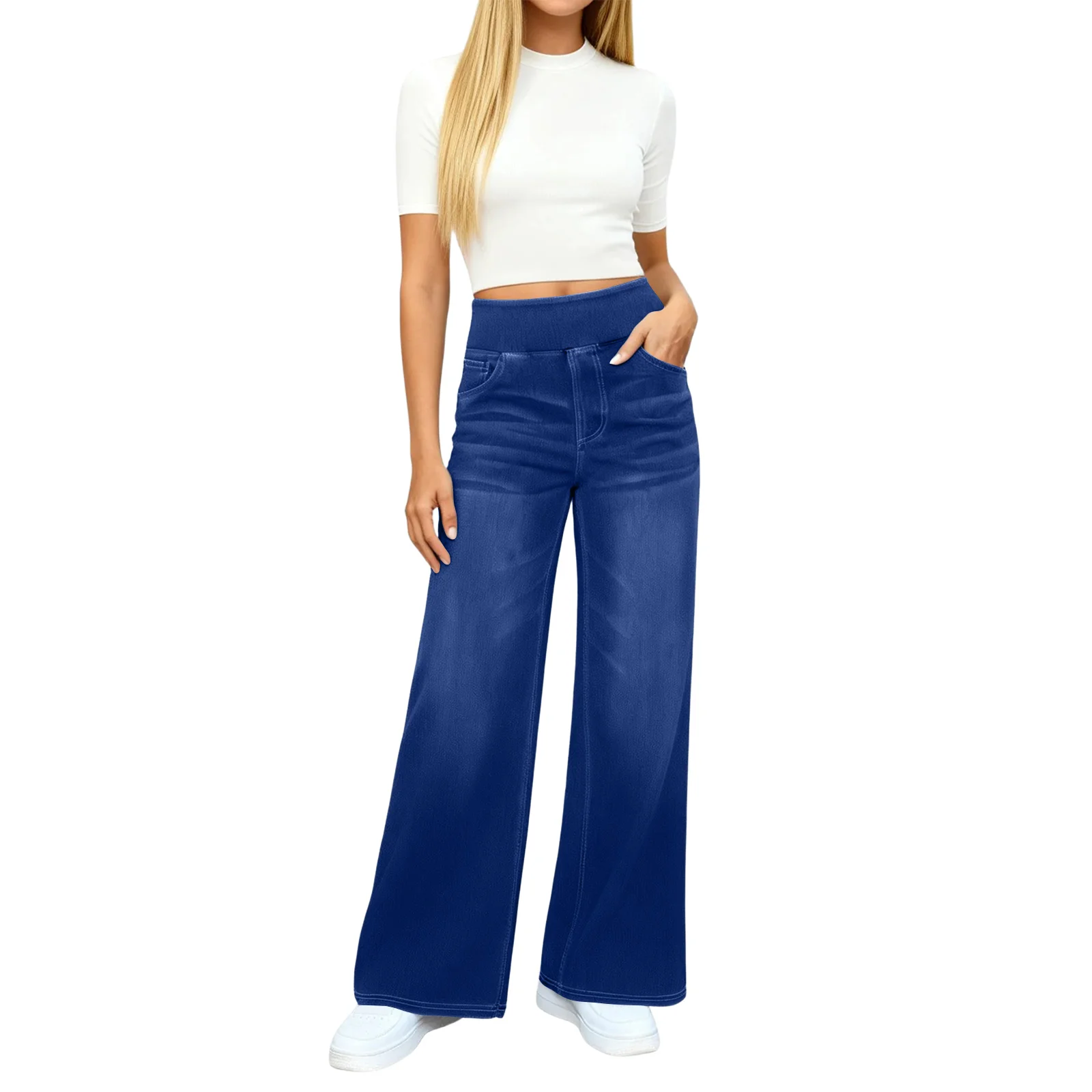 High Waisted Slimming Jeans Wide And Loose Wide Leg Jeans Spring And Autumn Women'S Jeans Pocket Elastic Waist Jeans